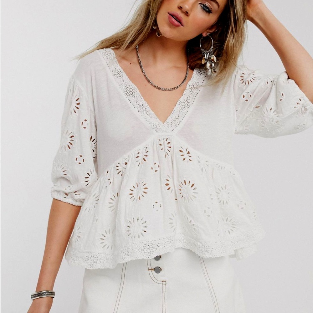 Free People Sweeter Side Eyelet Embroidered Blouse in White NWT